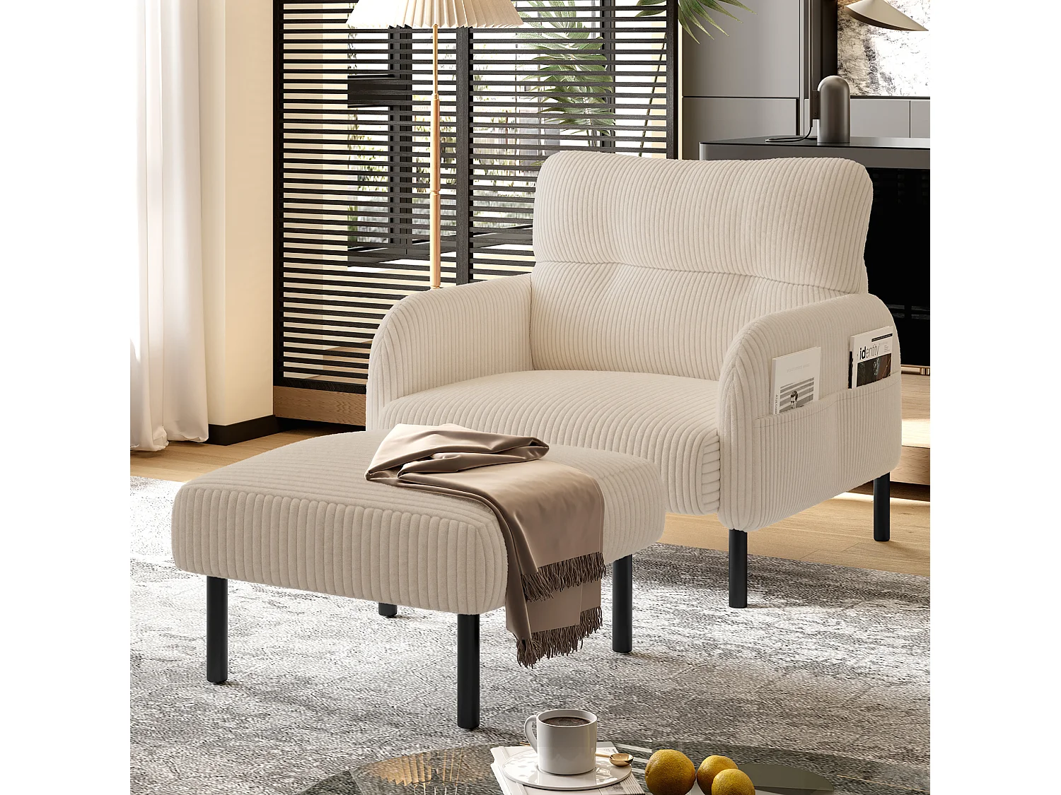 Corduroy poef met metalen frame – Beige