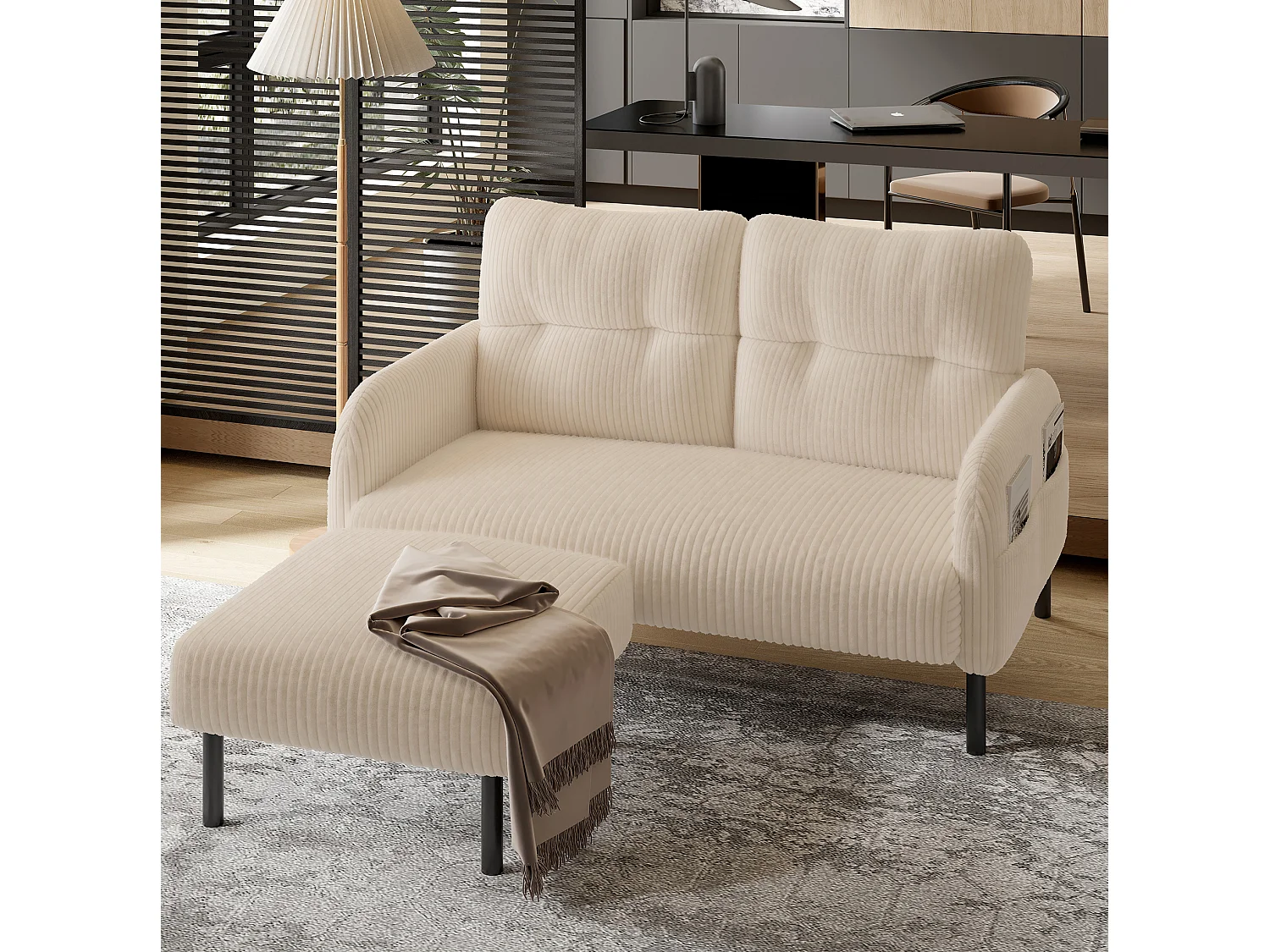 Corduroy poef met metalen frame – Beige