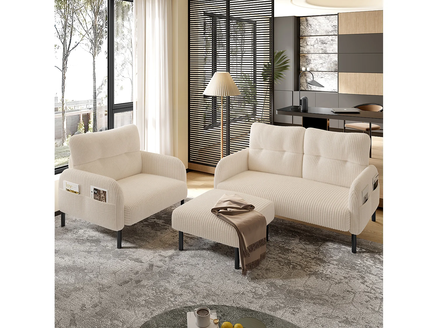 Corduroy poef met metalen frame – Beige