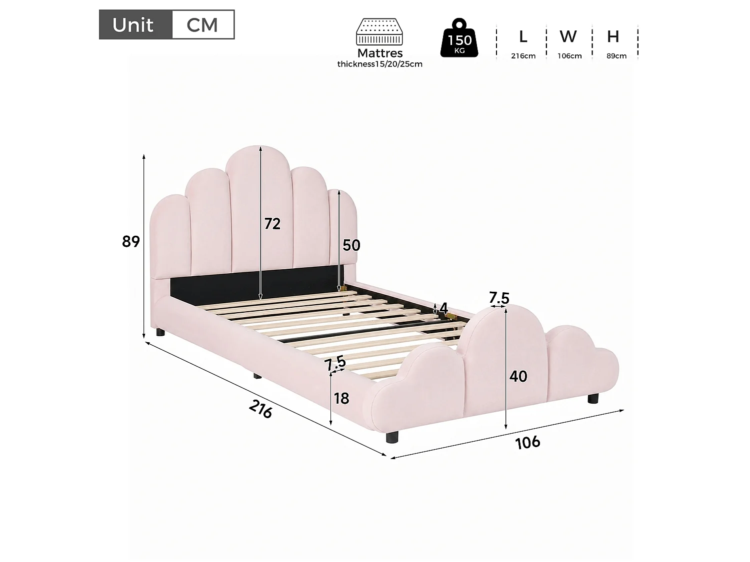 Lit enfant 90 x 200 cm en velours - Rose