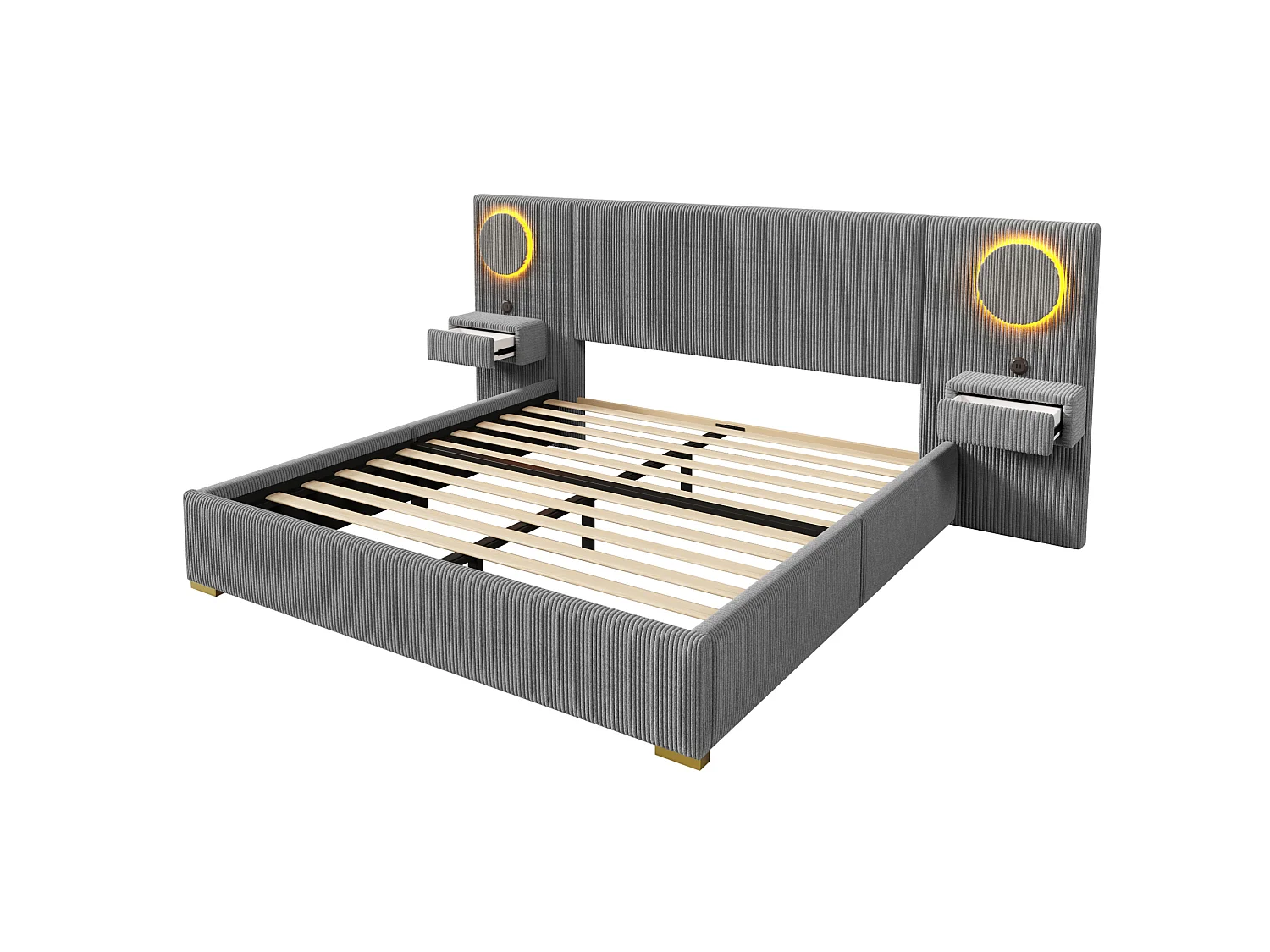 Lit double adulte 180x200 cm en velours avec LED, ports USB et 2 tiroirs - Gris