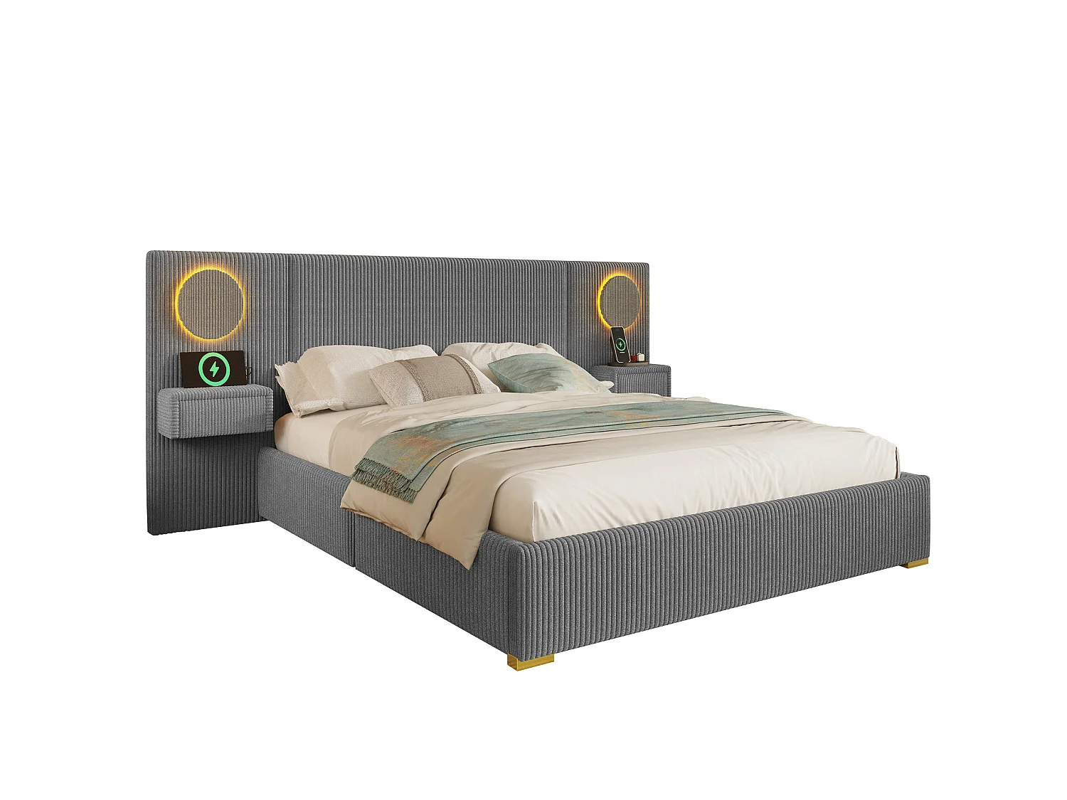 Lit double adulte 180x200 cm en velours avec LED, ports USB et 2 tiroirs - Gris
