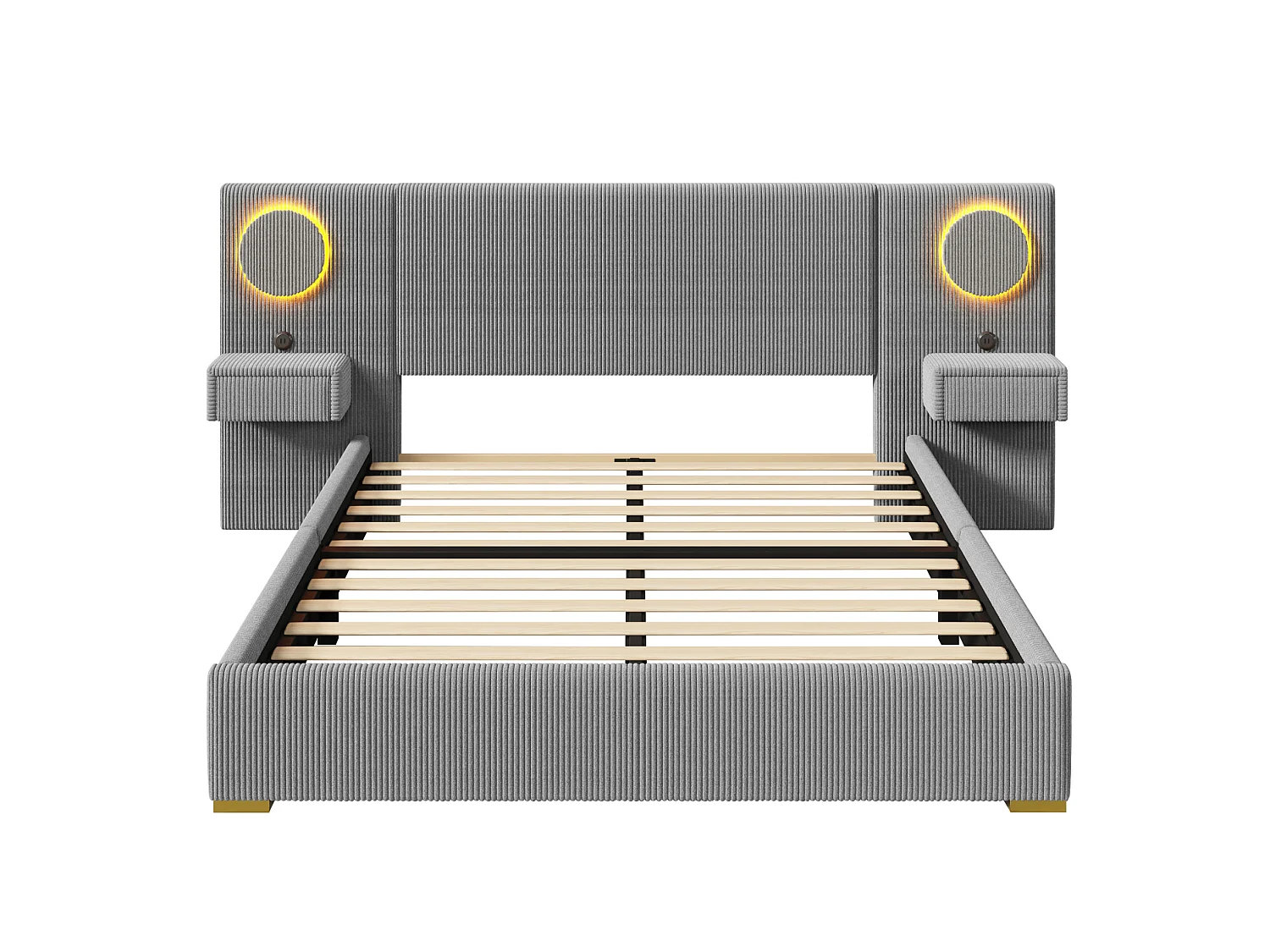 Lit double adulte 180x200 cm en velours avec LED, ports USB et 2 tiroirs - Gris