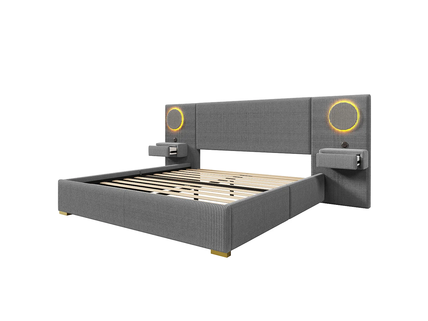 Lit double adulte 180x200 cm en velours avec LED, ports USB et 2 tiroirs - Gris