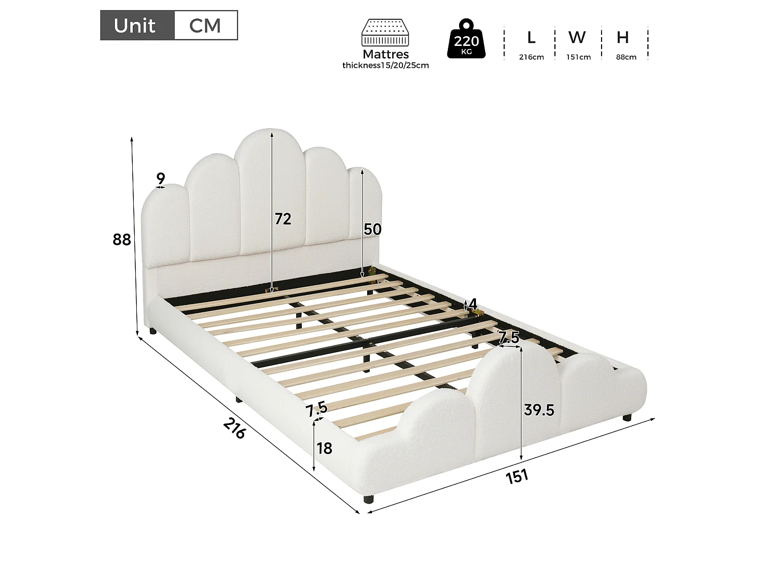 Lit adulte 140 x 200 cm en tissu bouclé - Beige