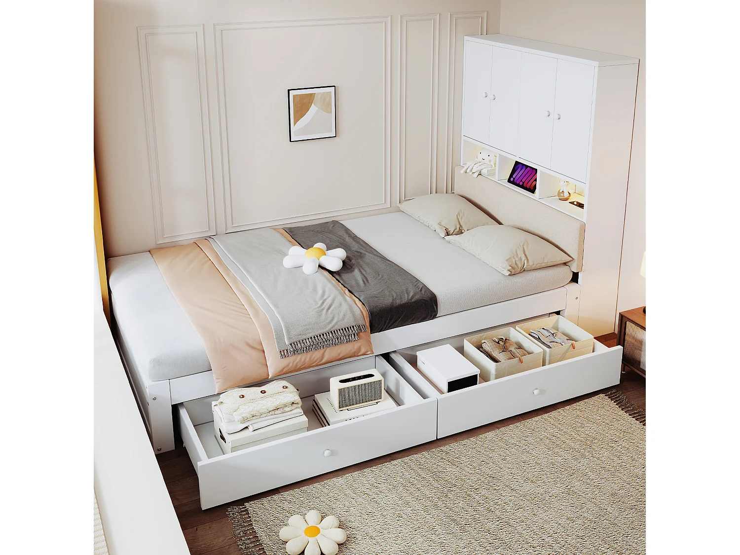 Lit simple en bois 90 x 200 cm avec rangements, LED et prise - Blanc