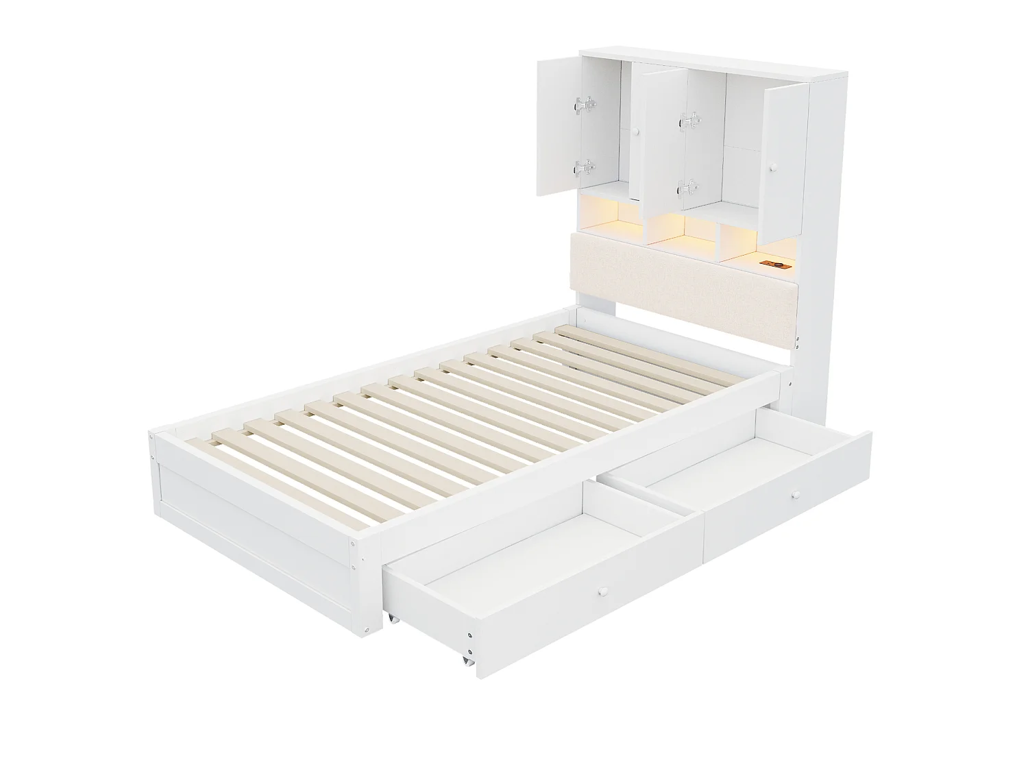 Lit simple en bois 90 x 200 cm avec rangements, LED et prise - Blanc
