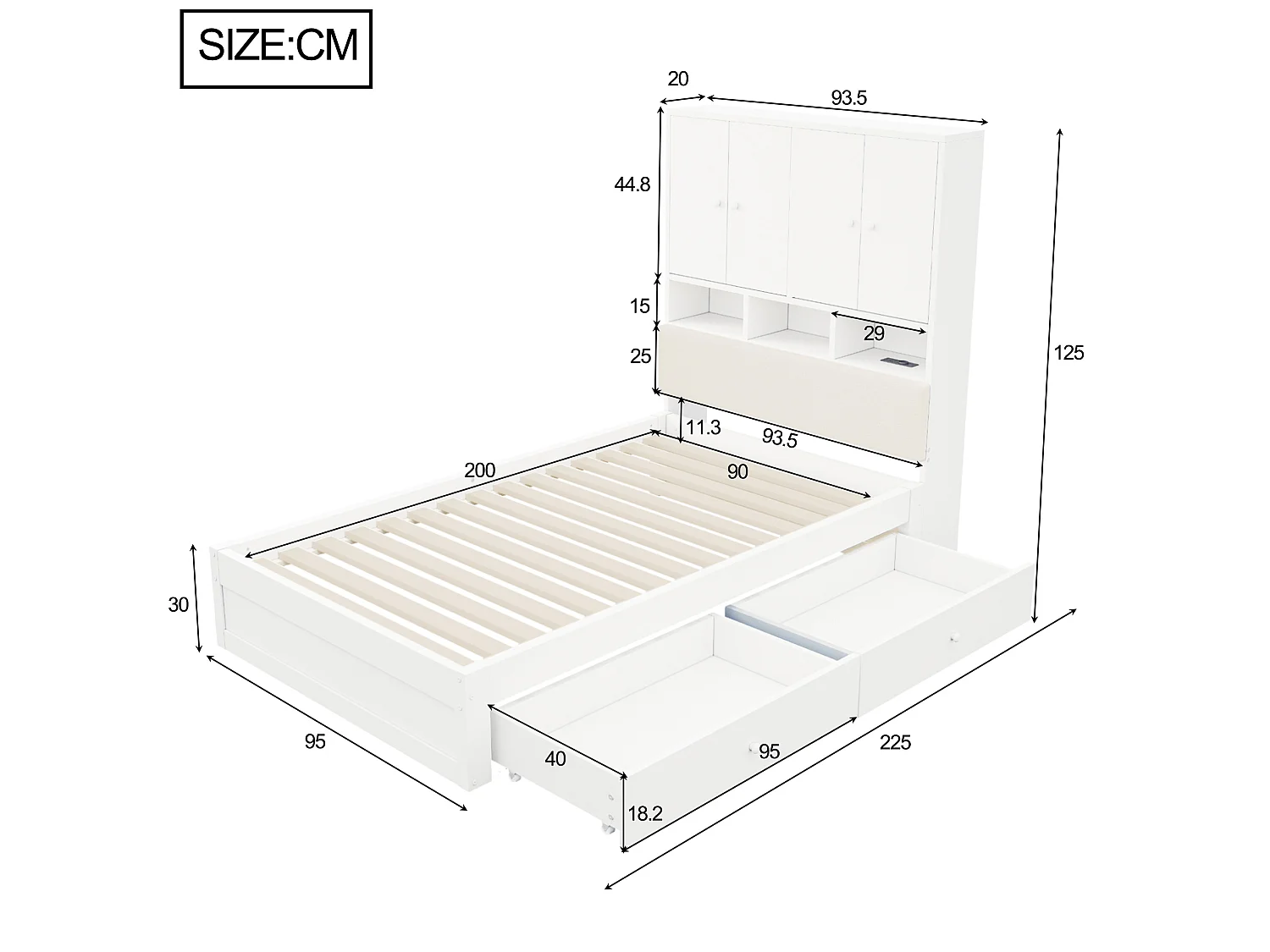 Lit simple en bois 90 x 200 cm avec rangements, LED et prise - Blanc