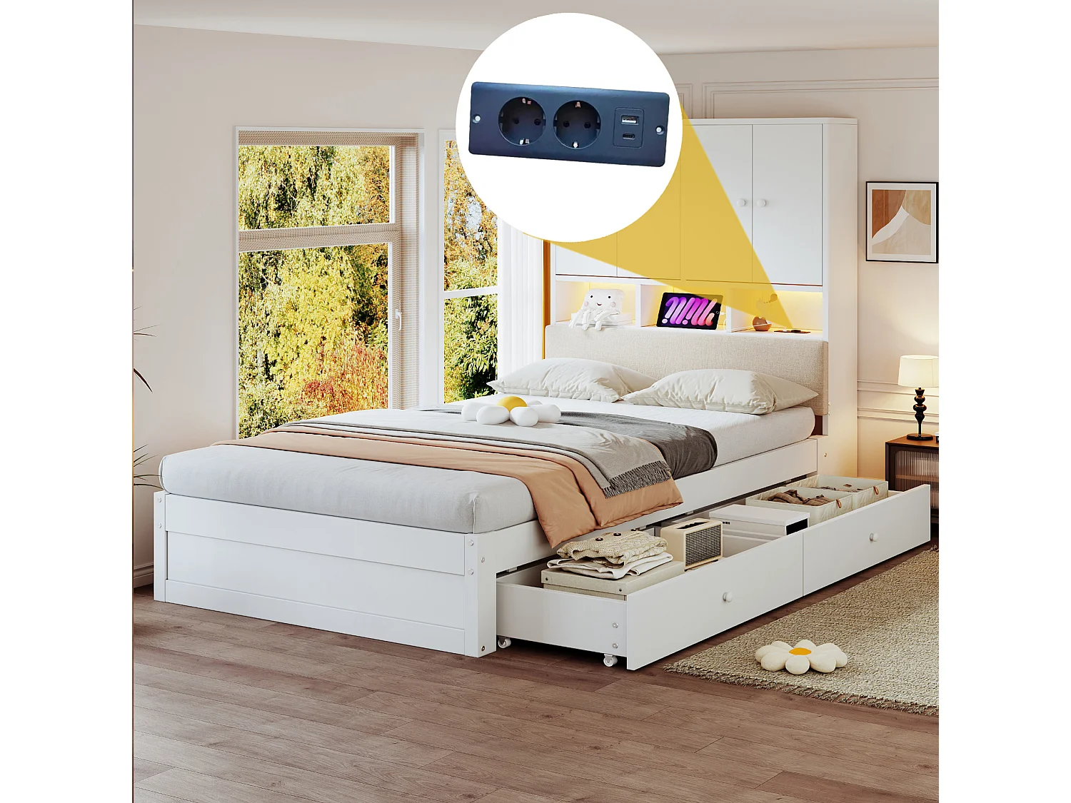 Lit simple en bois 90 x 200 cm avec rangements, LED et prise - Blanc