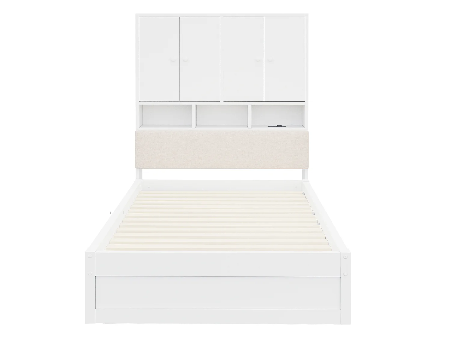 Lit simple en bois 90 x 200 cm avec rangements, LED et prise - Blanc