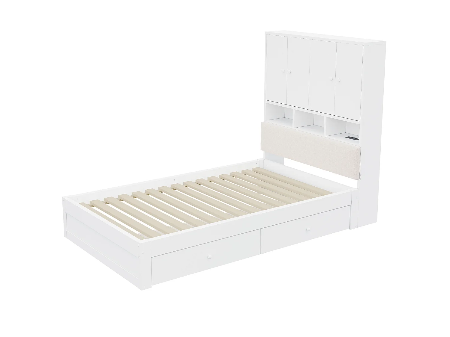 Lit simple en bois 90 x 200 cm avec rangements, LED et prise - Blanc