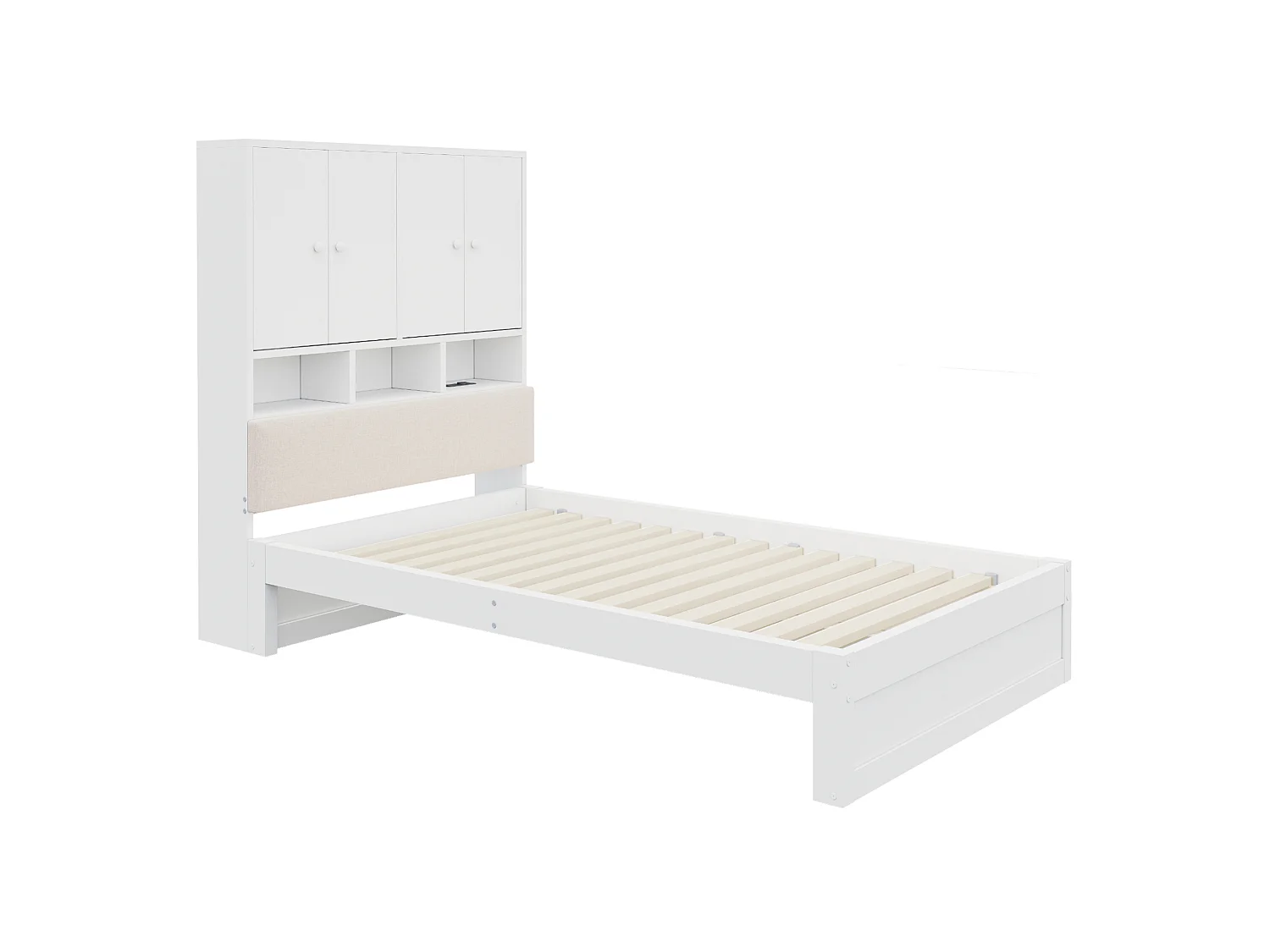 Lit simple en bois 90 x 200 cm avec rangements, LED et prise - Blanc
