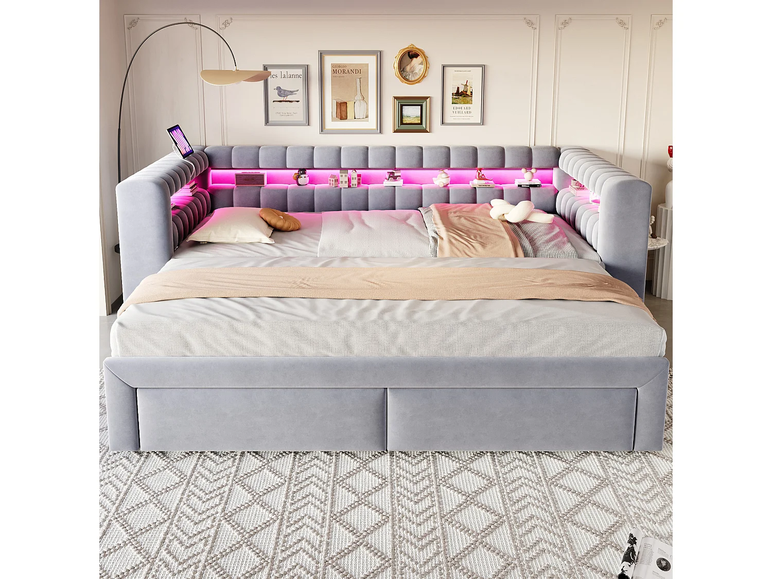 Lit banquette 90/180 × 190 cm avec tiroirs, LED et ports USB - Velours gris clair