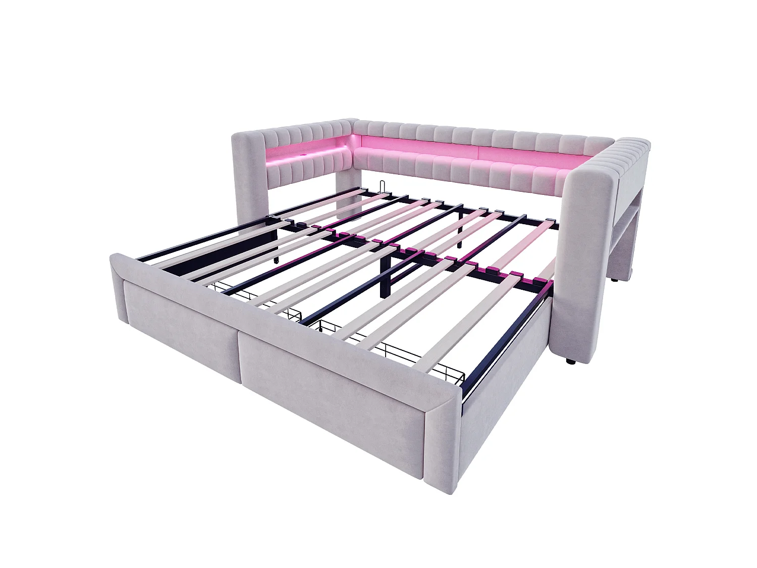 Lit banquette 90/180 × 190 cm avec tiroirs, LED et ports USB - Velours gris clair