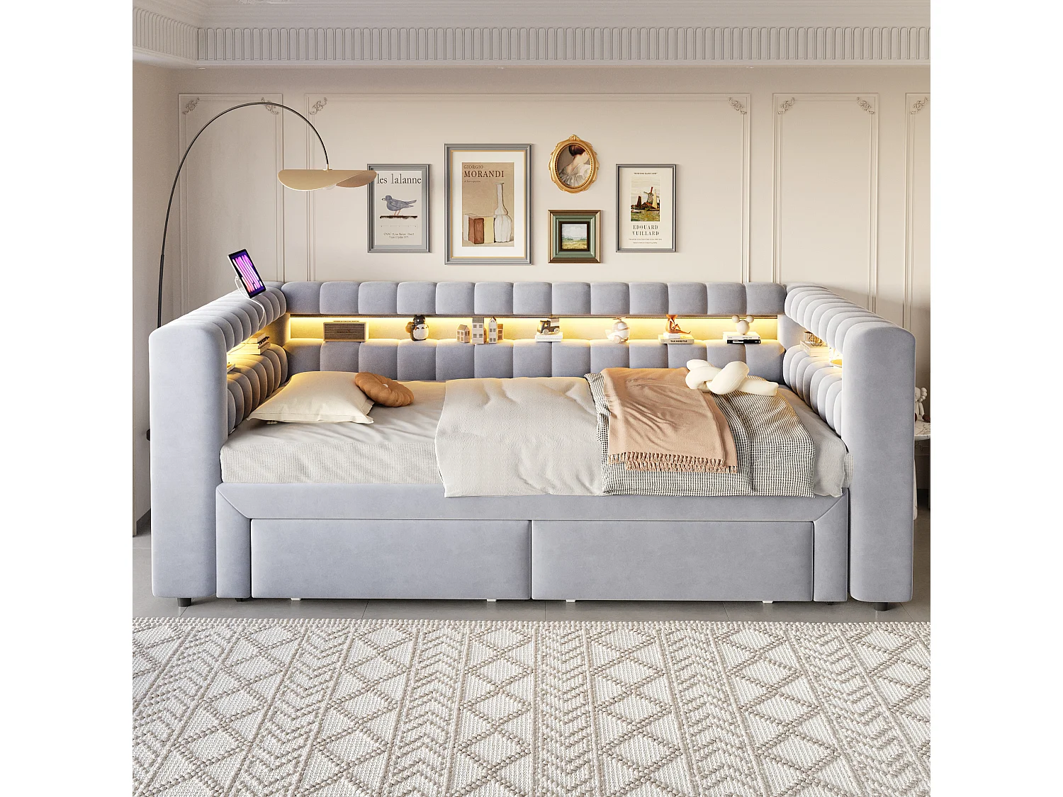 Lit banquette 90/180 × 190 cm avec tiroirs, LED et ports USB - Velours gris clair