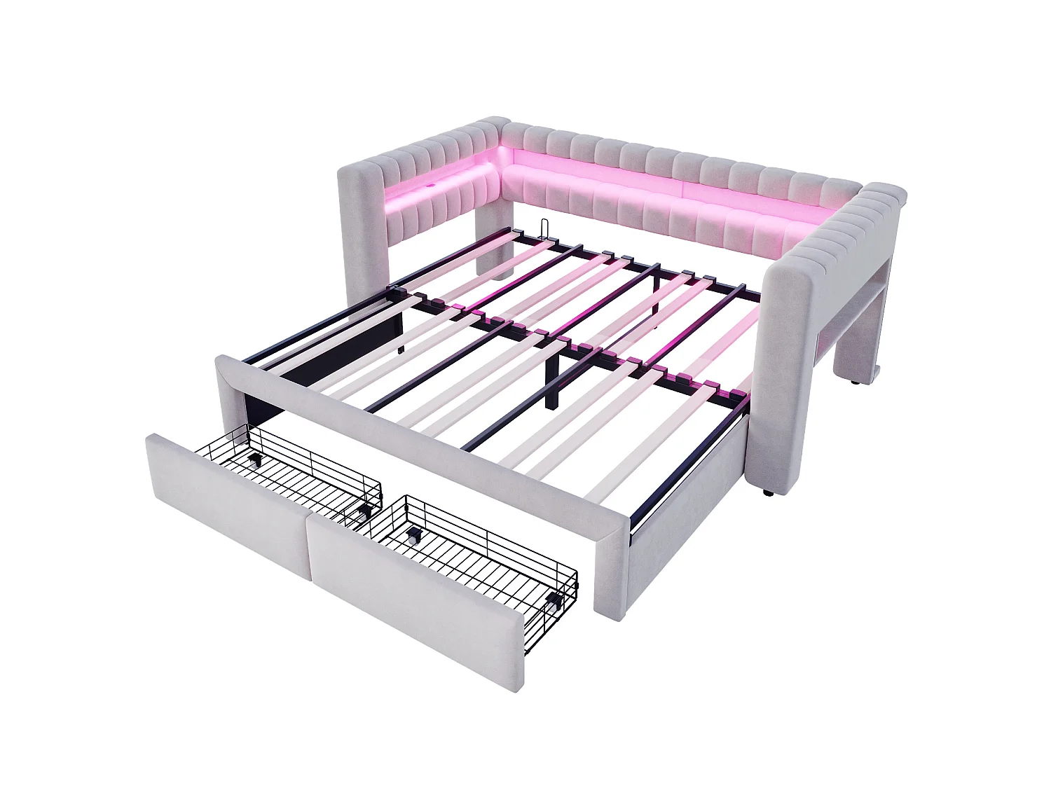 Lit banquette 90/180 × 190 cm avec tiroirs, LED et ports USB - Velours gris clair