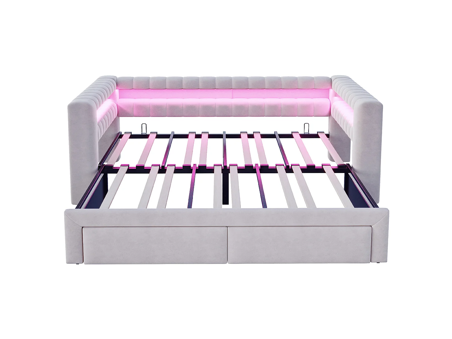 Lit banquette 90/180 × 190 cm avec tiroirs, LED et ports USB - Velours gris clair