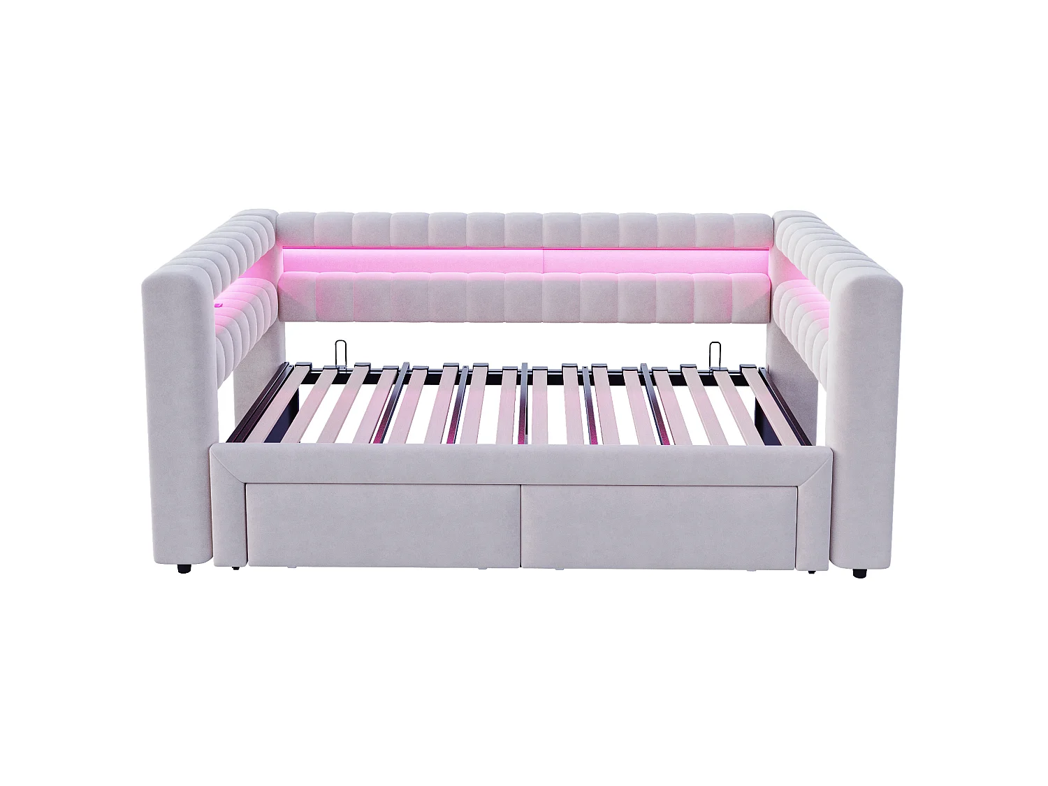 Lit banquette 90/180 × 190 cm avec tiroirs, LED et ports USB - Velours gris clair