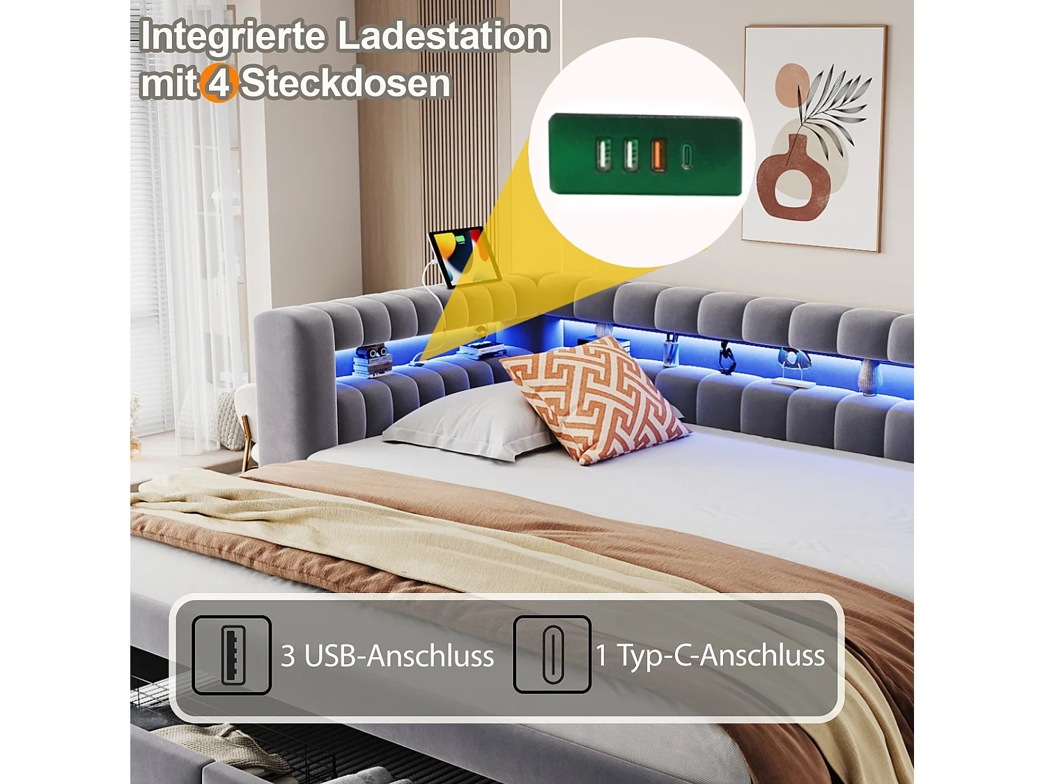 Lit banquette 90/180 × 190 cm avec tiroirs, LED et ports USB - Velours gris