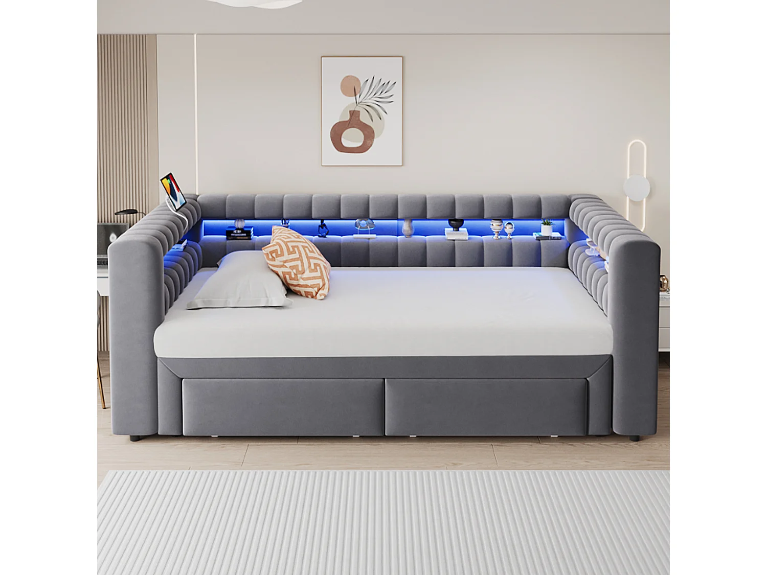 Lit banquette 90/180 × 190 cm avec tiroirs, LED et ports USB - Velours gris