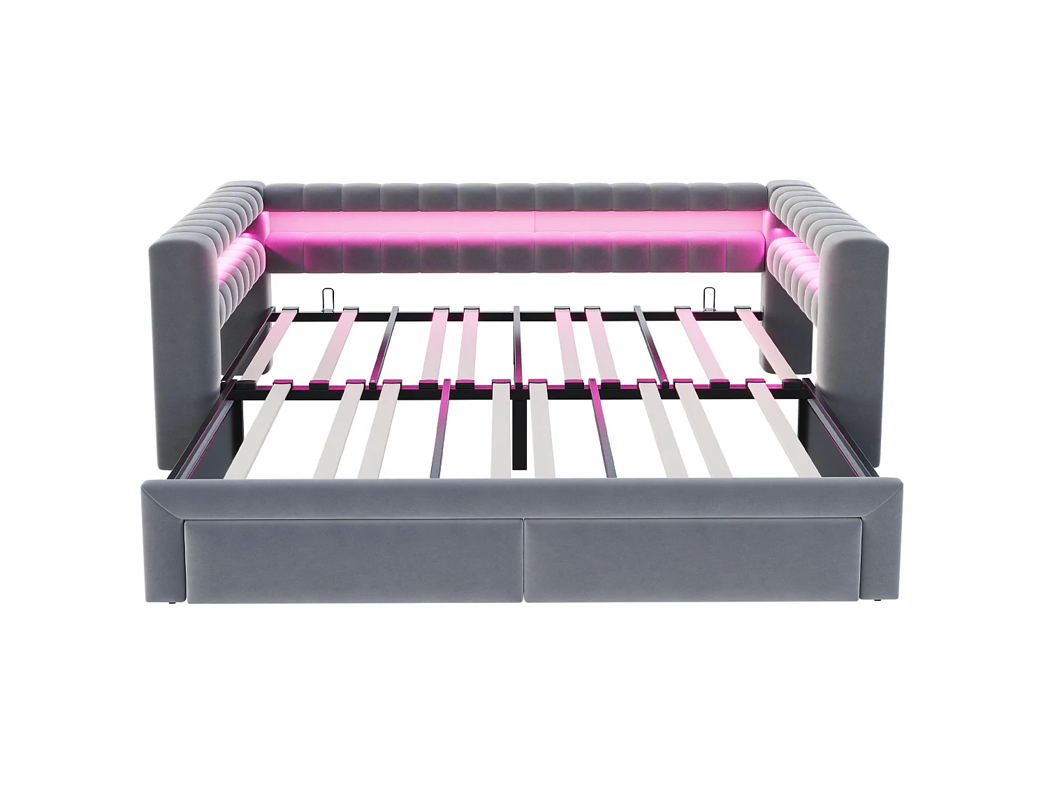 Lit banquette 90/180 × 190 cm avec tiroirs, LED et ports USB - Velours gris