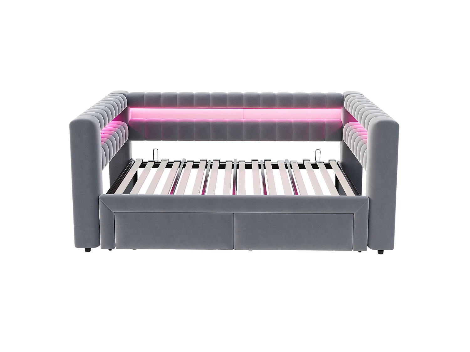 Lit banquette 90/180 × 190 cm avec tiroirs, LED et ports USB - Velours gris