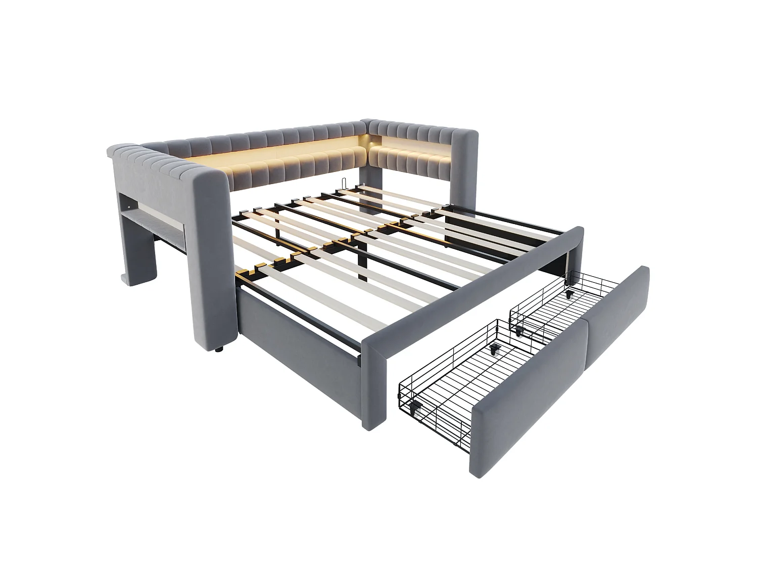 Lit banquette 90/180 × 190 cm avec tiroirs, LED et ports USB - Velours gris