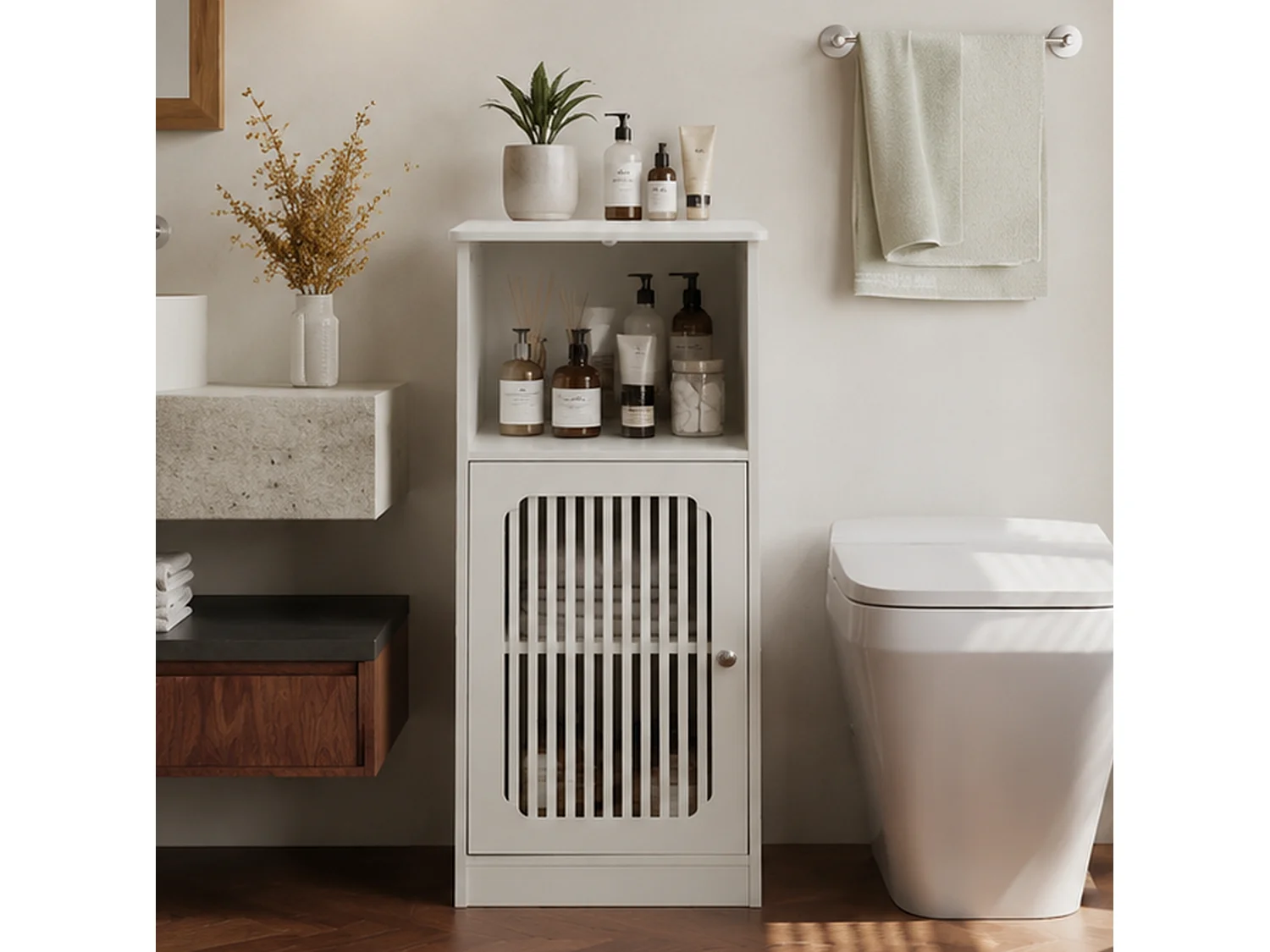 Armário baixo para casa de banho com porta ripada - Branco