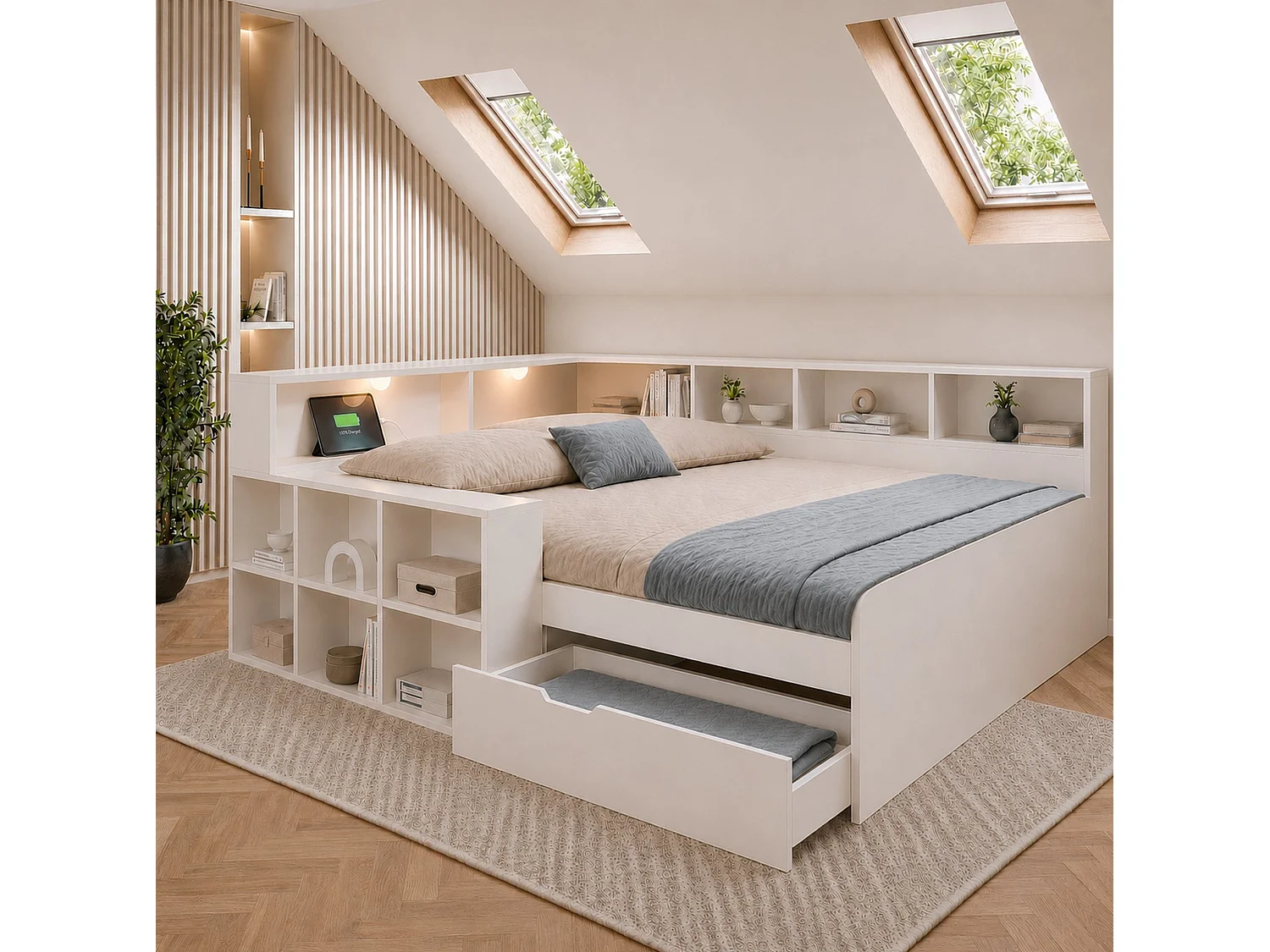 Lit adulte 140x190 cm avec port USB ,LED et rangement - Blanc