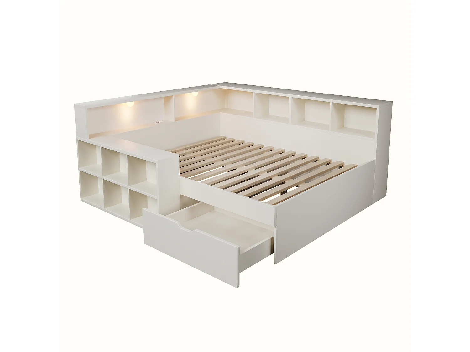Lit adulte 140x190 cm avec port USB ,LED et rangement - Blanc