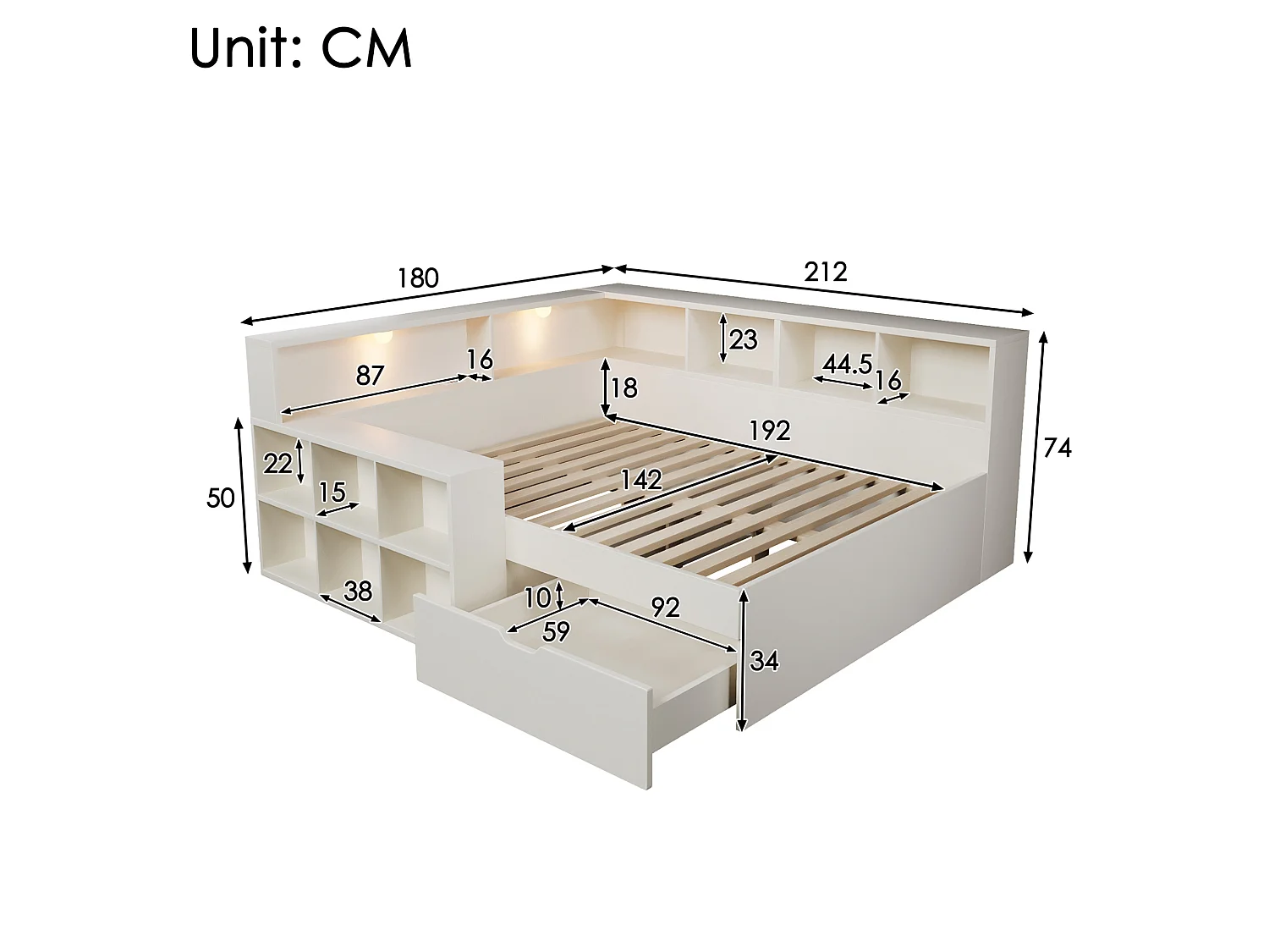 Lit adulte 140x190 cm avec port USB ,LED et rangement - Blanc