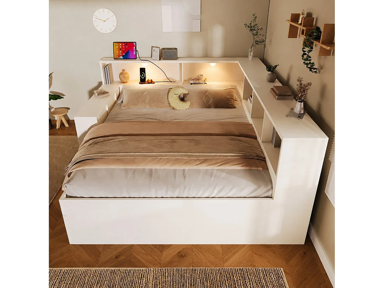 Lit adulte 140x190 cm avec port USB ,LED et rangement - Blanc
