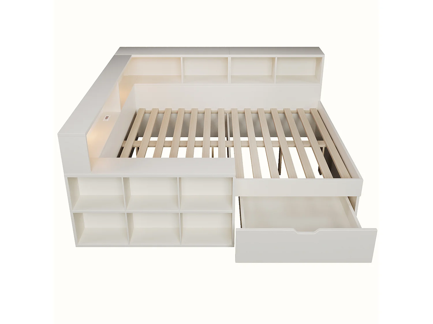 Lit adulte 140x190 cm avec port USB ,LED et rangement - Blanc