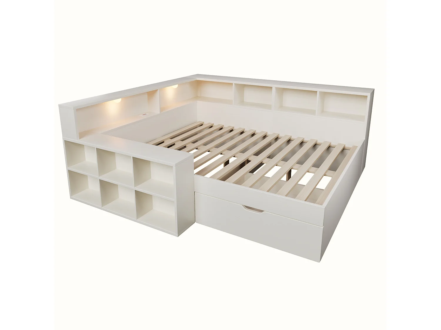 Lit adulte 140x190 cm avec port USB ,LED et rangement - Blanc