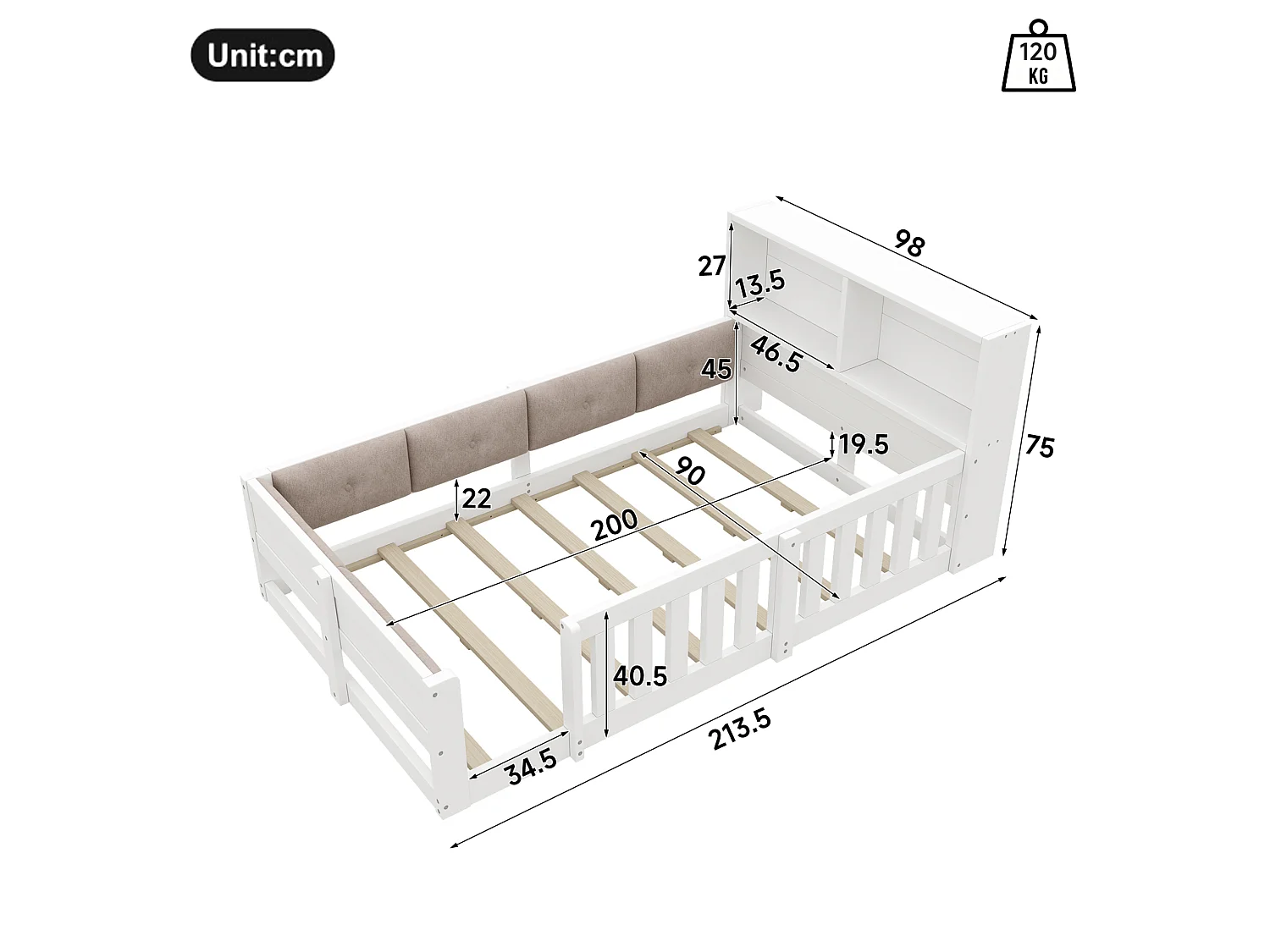 Lit enfant 90 x 200 cm avec côtés rembourrés et LED - Blanc