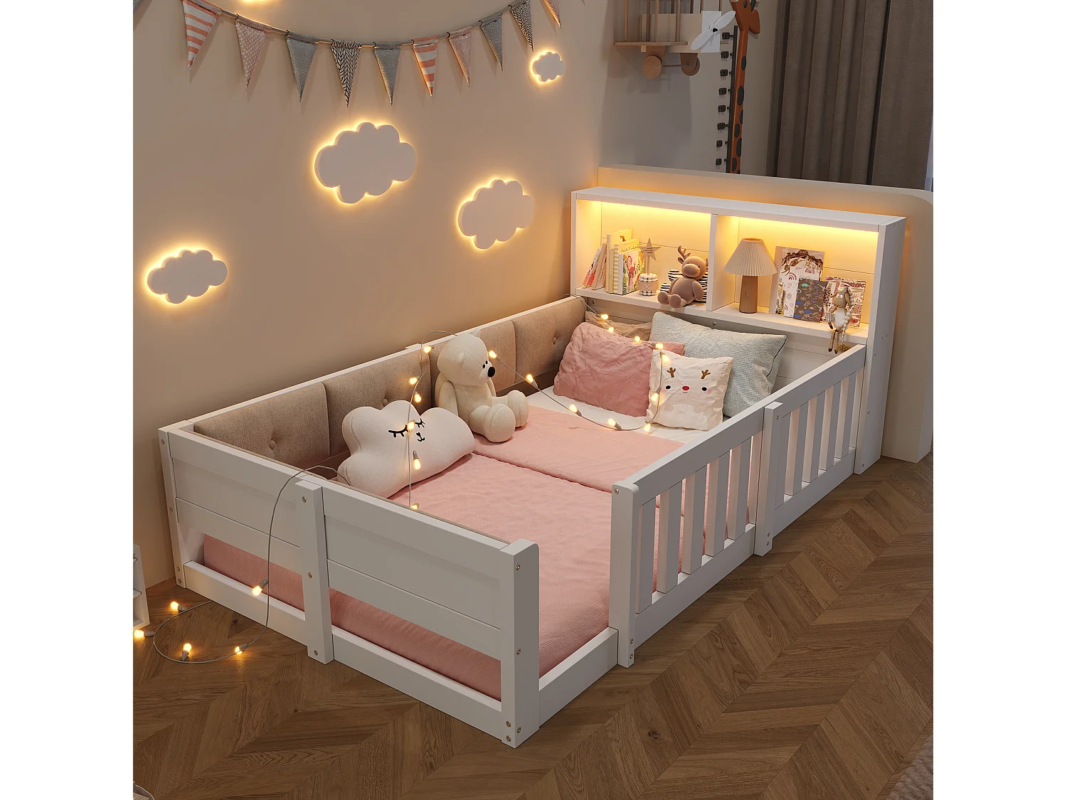 Lit enfant 90 x 200 cm avec côtés rembourrés et LED - Blanc