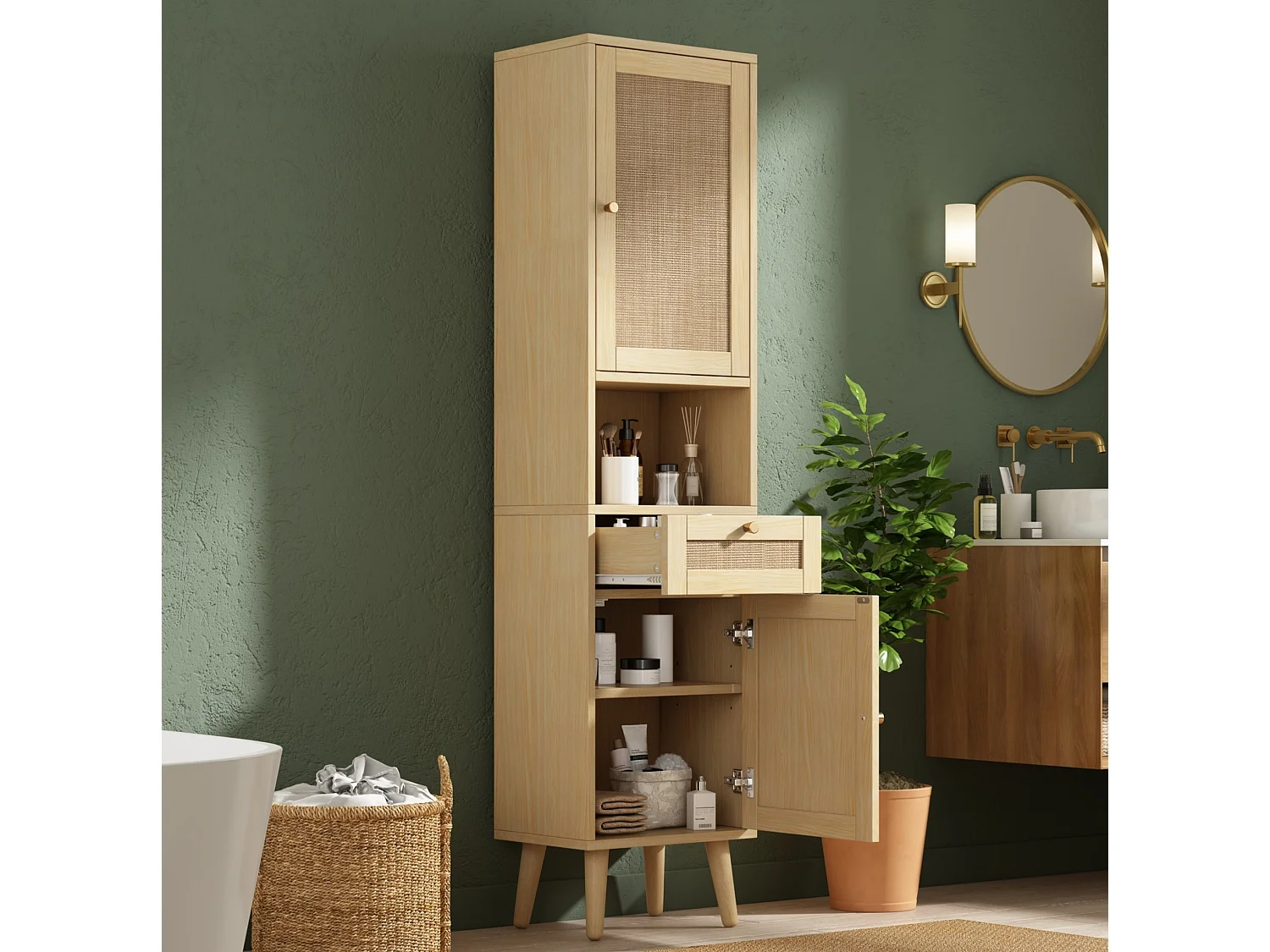 Colonne de salle de bain avec 2 portes en rotin et tiroir - Naturel clair 40 × 30 × 166 cm