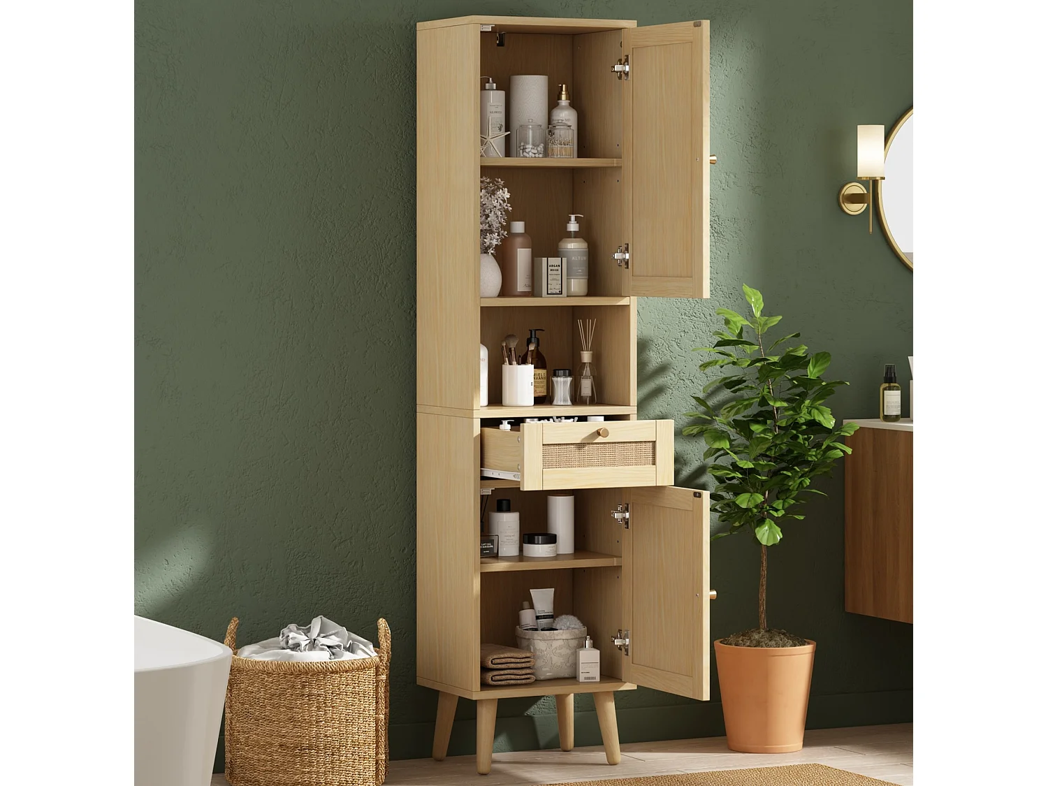 Colonne de salle de bain avec 2 portes en rotin et tiroir - Naturel clair 40 × 30 × 166 cm
