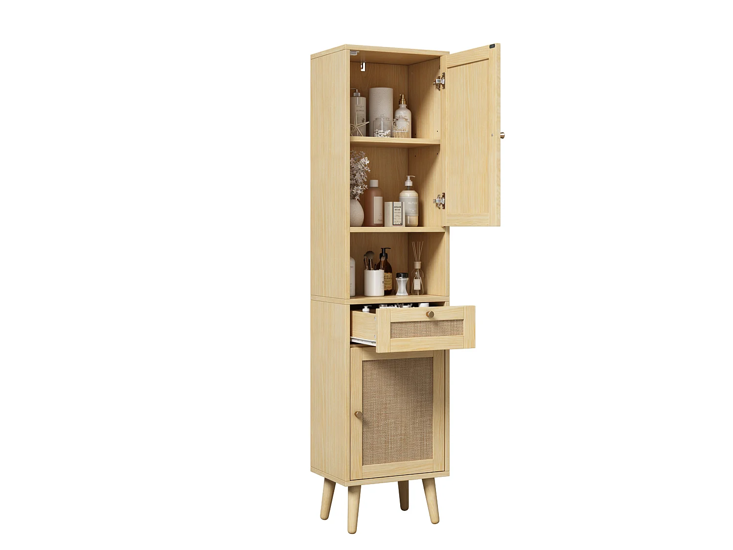 Colonne de salle de bain avec 2 portes en rotin et tiroir - Naturel clair 40 × 30 × 166 cm