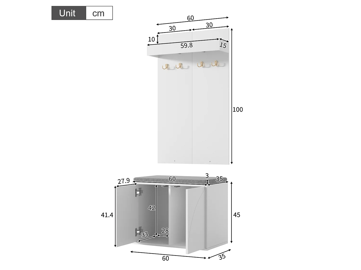 3-in-1 halset: 4 haken, schoenenrek en bankje - Wit
