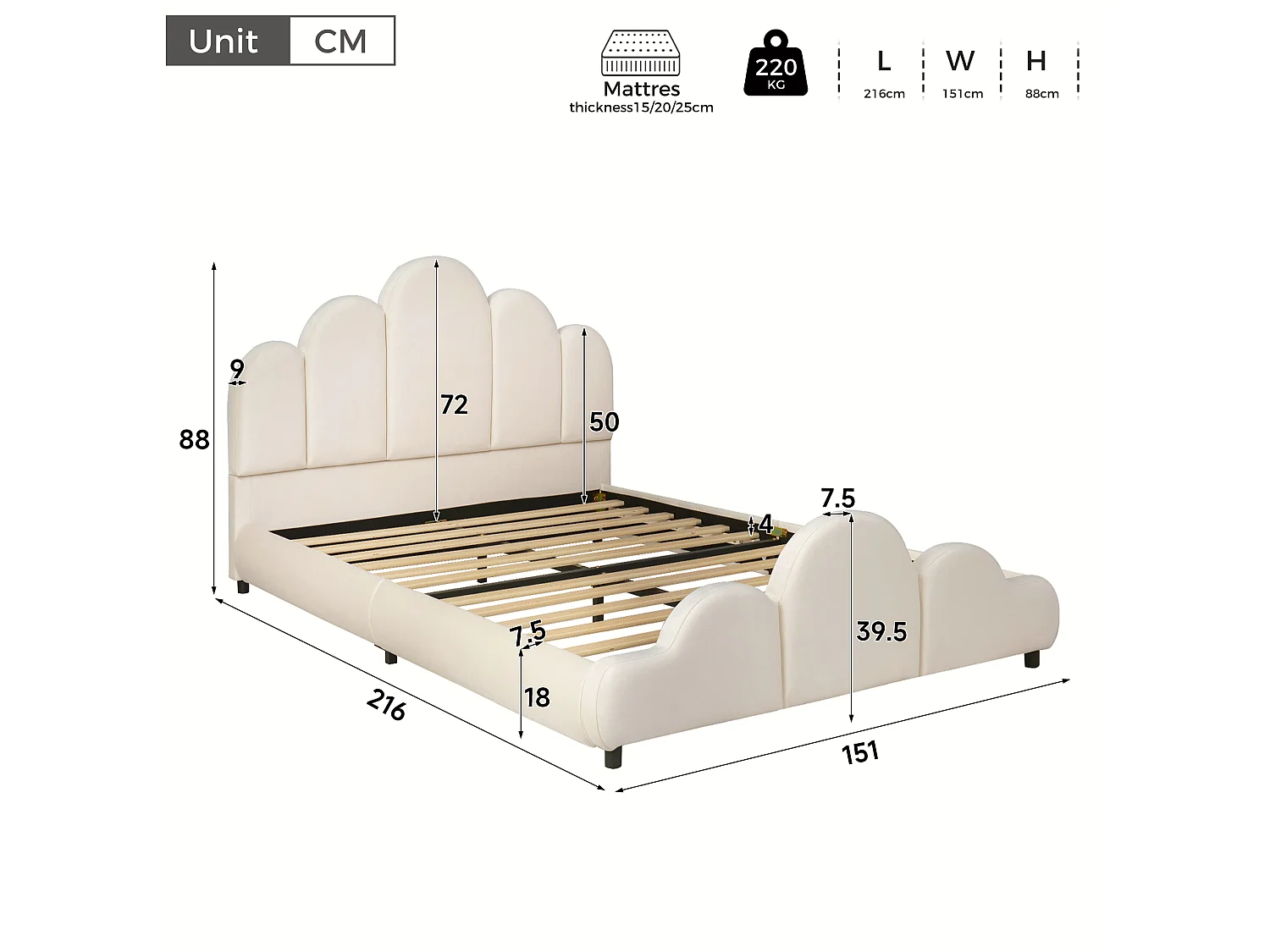 Lit adulte 140 x 200 cm en velours - Beige