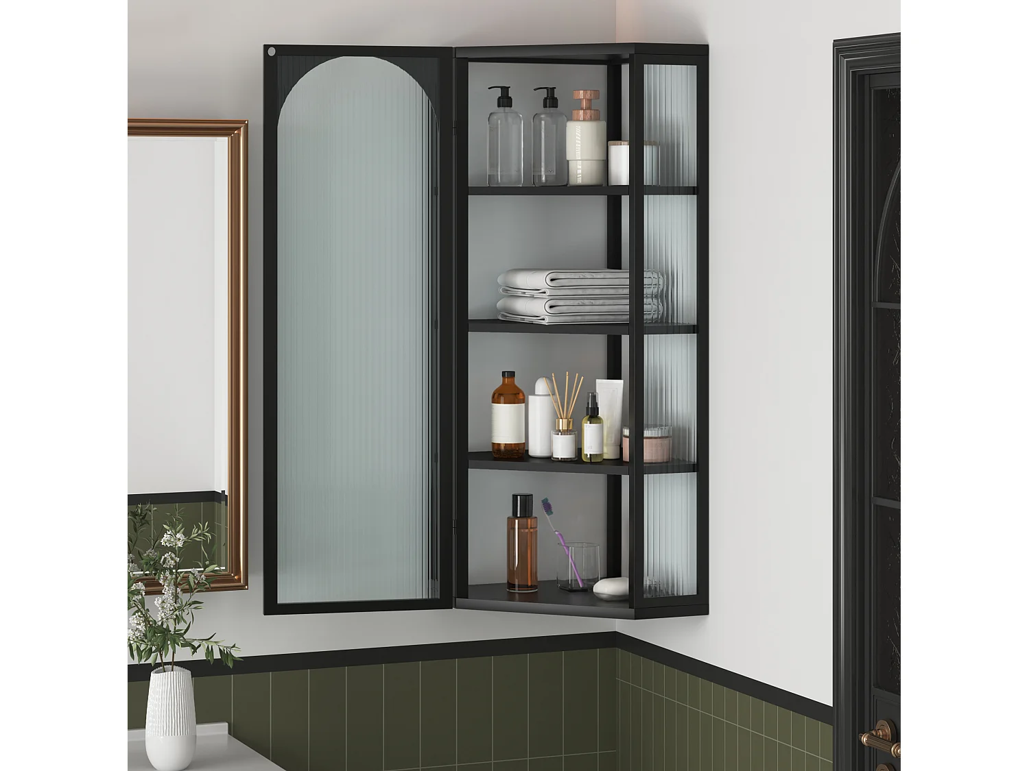 Driehoekige glazen wandkast, H 105 cm – Zonder achterwand – Zwart