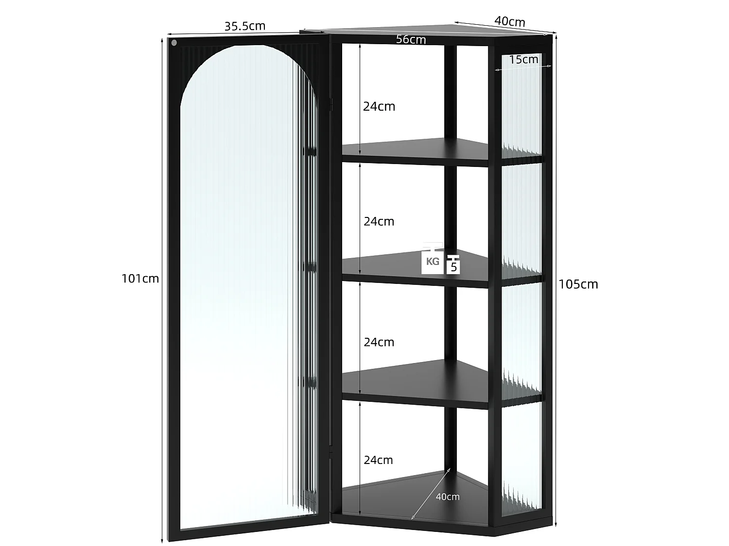 Driehoekige glazen wandkast, H 105 cm – Zonder achterwand – Zwart