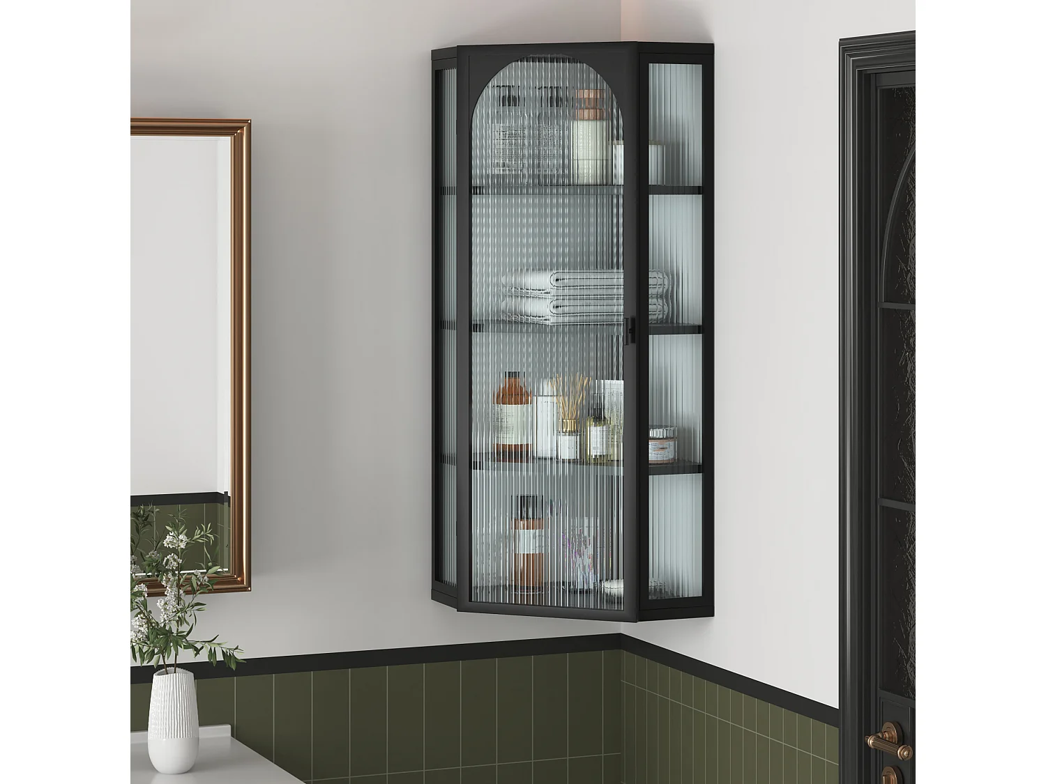 Driehoekige glazen wandkast, H 105 cm – Zonder achterwand – Zwart