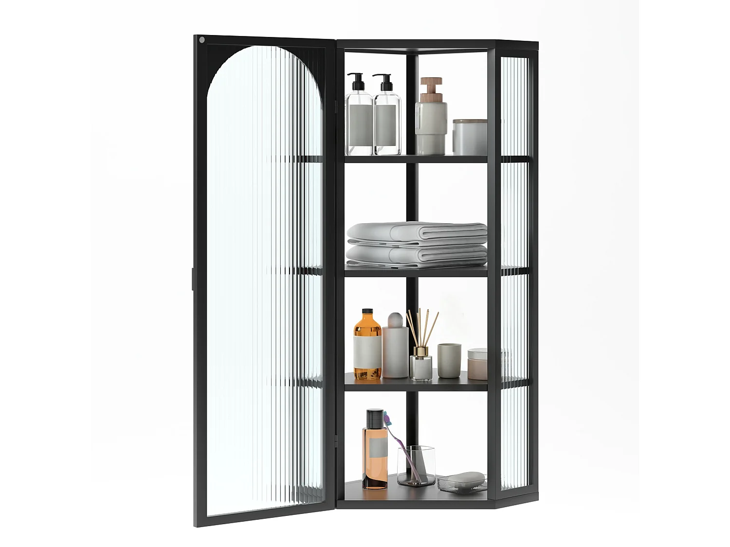 Driehoekige glazen wandkast, H 105 cm – Zonder achterwand – Zwart