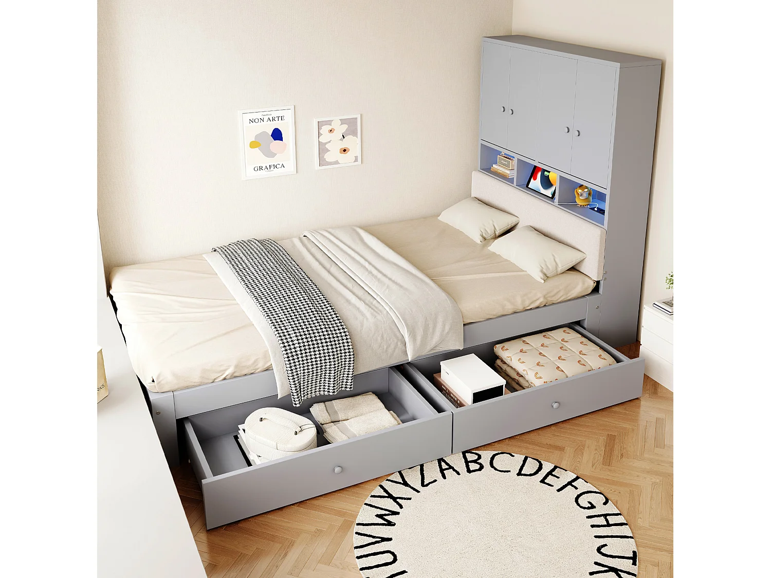 Lit simple en bois 90 x 200 cm avec rangements, LED et prise - Gris