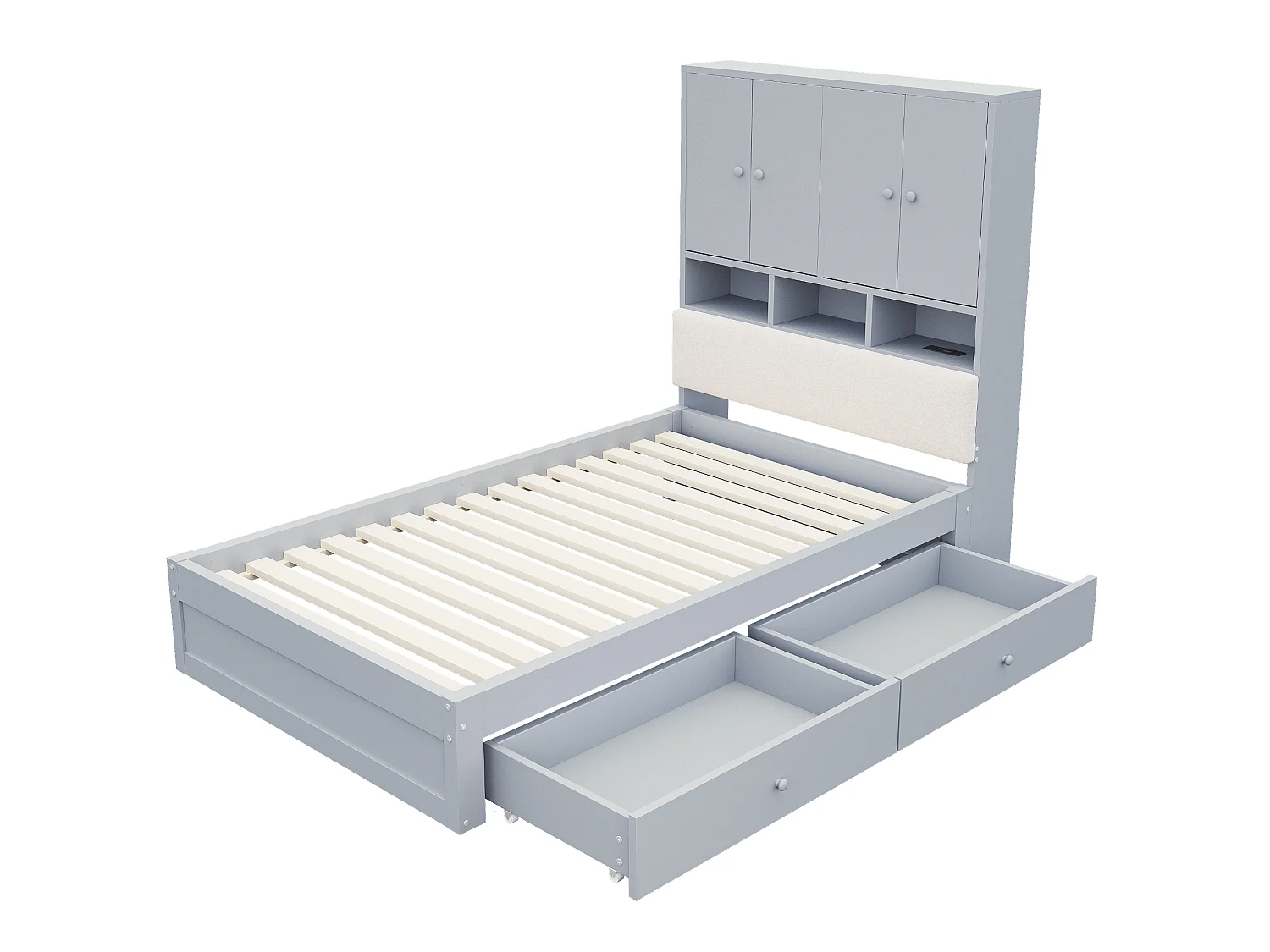 Lit simple en bois 90 x 200 cm avec rangements, LED et prise - Gris