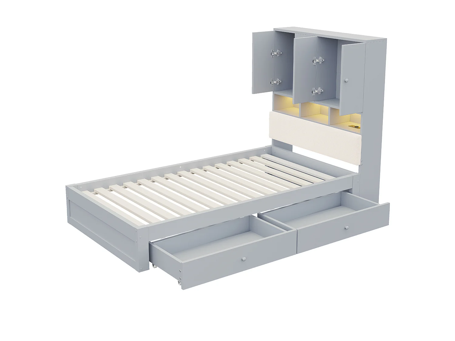 Lit simple en bois 90 x 200 cm avec rangements, LED et prise - Gris