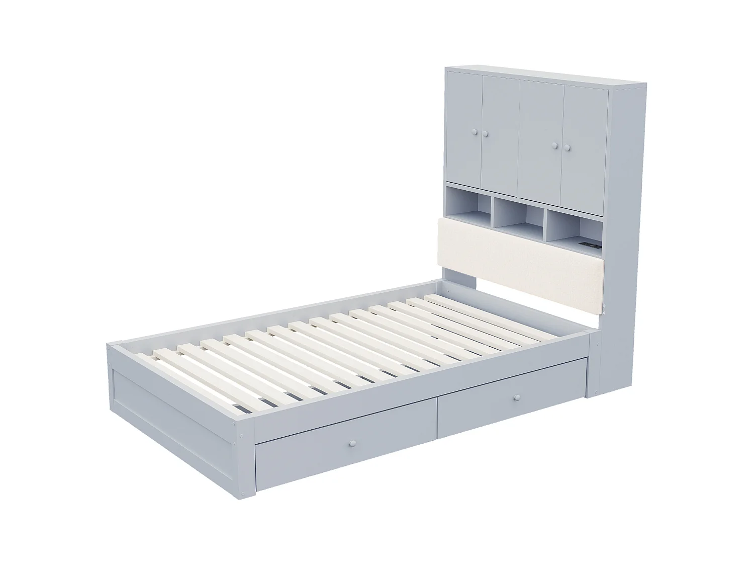 Lit simple en bois 90 x 200 cm avec rangements, LED et prise - Gris