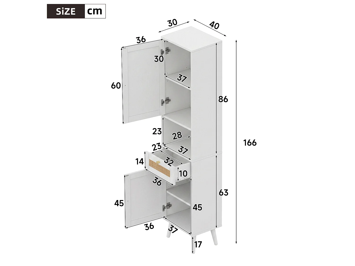 Badkamerkast met 2 rotan deuren en een lade - Wit 40 × 30 × 166 cm